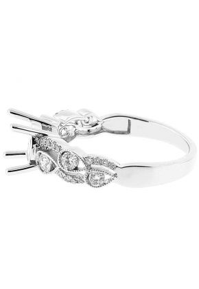 Semi Mount Engagement Ring with Pear Designs of Beaded Milgrain Surrounding Round Diamonds in 18k White Gold