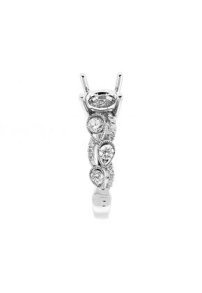 Semi Mount Engagement Ring with Pear Designs of Beaded Milgrain Surrounding Round Diamonds in 18k White Gold
