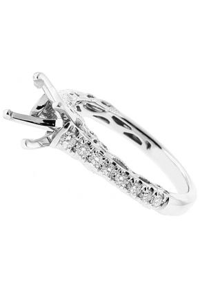 Semi Mount Engagement Ring with Beaded Milgrain Filigree and Diamonds in 18k White Gold