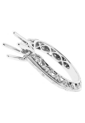 Semi Mount Knife Edge Engagement Ring with Beaded Milgrain Engraving and Diamonds Set in 18k White Gold