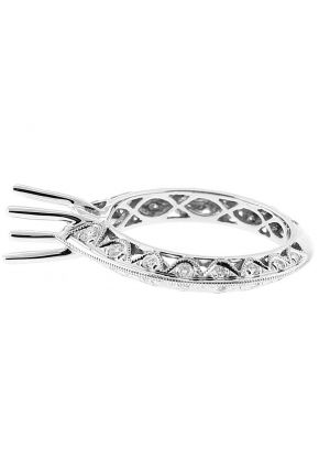 Semi Mount Knife Edge Engagement Ring with Beaded Milgrain Engraving and Diamonds Set in 18k White Gold