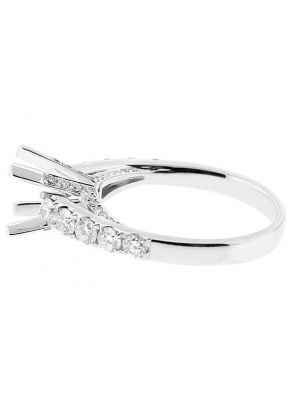 Semi Mount Triple Side Engagement Ring in 18k White Gold with Diamonds on Prong, Bridge, and Shoulder