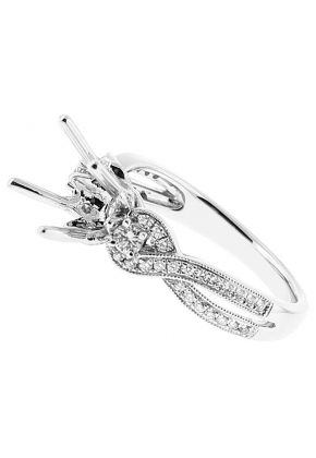 Semi Mount Engagement Ring with Leaf Design Bearing and Diamonds Surrounded by Beaded Milgrain in 18k White Gold