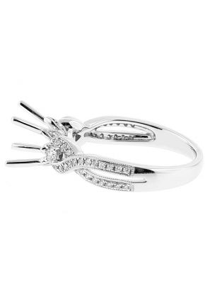 Semi Mount Engagement Ring with Leaf Design Bearing and Diamonds Surrounded by Beaded Milgrain in 18k White Gold