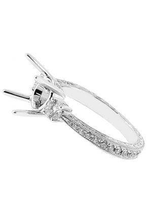 Three Stone Semi Mount Engraved Diamond Engagement Ring with Milgrain in 18k White Gold