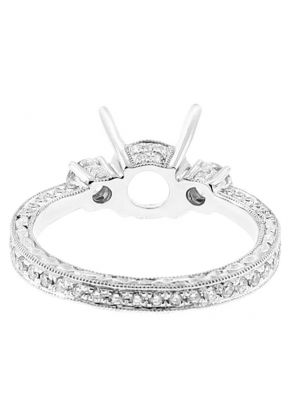 Three Stone Semi Mount Engraved Diamond Engagement Ring with Milgrain in 18k White Gold