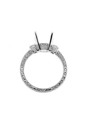 Three Stone Semi Mount Engraved Diamond Engagement Ring with Milgrain in 18k White Gold