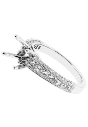 Triple Side Semi Mount Milgrain Engraved Engagement Ring with Channel Set Princess Cut Diamonds in 18k White Gold