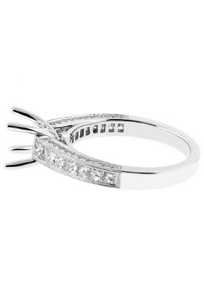 Triple Side Semi Mount Milgrain Engraved Engagement Ring with Channel Set Princess Cut Diamonds in 18k White Gold