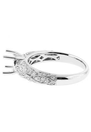 Semi Mount Preset Diamond Engagement Ring with Wavy Milgrain Design in 18k White Gold