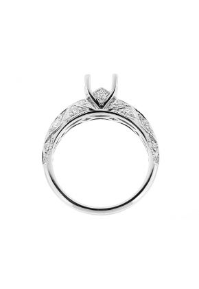 Semi Mount Preset Diamond Engagement Ring with Wavy Milgrain Design in 18k White Gold