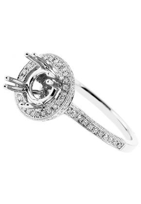 Semi Mount Triple Side Round Halo Engagement Ring with Diamonds in 18k White Gold