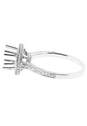 Semi Mount Triple Side Round Halo Engagement Ring with Diamonds in 18k White Gold