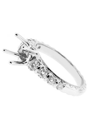 Semi Mount Milgrain Engraved Engagement Ring with Prong, Bezel, and Burnish Set Diamonds in 18k White Gold