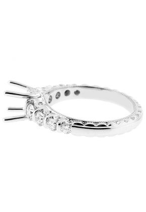 Semi Mount Milgrain Engraved Engagement Ring with Prong, Bezel, and Burnish Set Diamonds in 18k White Gold