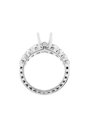 Semi Mount Milgrain Engraved Engagement Ring with Prong, Bezel, and Burnish Set Diamonds in 18k White Gold