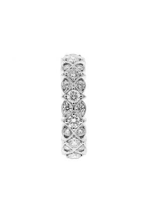 Ladies Vintage Inspired Eternity Band with Channel and Prong Set Diamonds Surrounded by Milgrain Design in 18k White Gold