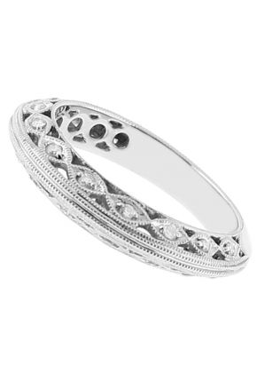Knife Edge Milgrain Engraved Band with Diamonds in 18k White Gold