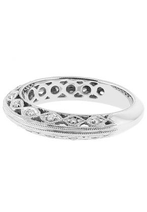 Knife Edge Milgrain Engraved Band with Diamonds in 18k White Gold