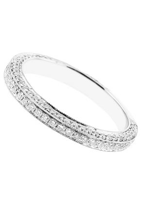 Ladies Triple Side Wedding Band with Micro Pav?? Set Diamonds Bordered by Milgrain in 18kt White Gold