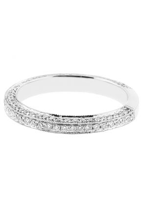 Ladies Triple Side Wedding Band with Micro Pav?? Set Diamonds Bordered by Milgrain in 18kt White Gold