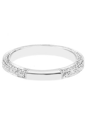 Ladies Triple Side Wedding Band with Micro Pav?? Set Diamonds Bordered by Milgrain in 18kt White Gold