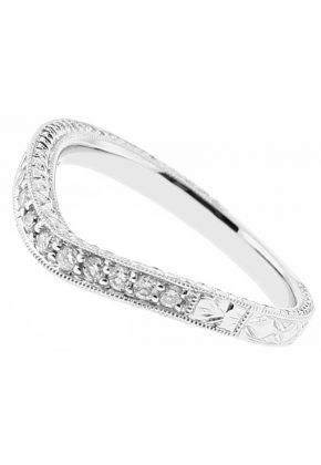 Engraved Triple Side Ladies Wedding Band with Milgrain and Preset Diamonds in 18kt White Gold