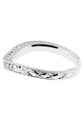 Engraved Triple Side Ladies Wedding Band with Milgrain and Preset Diamonds in 18kt White Gold