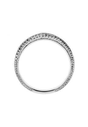 Engraved Triple Side Ladies Wedding Band with Milgrain and Preset Diamonds in 18kt White Gold