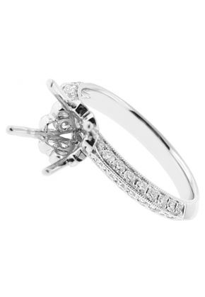 Ladies Semi Mount Engagement Ring with Heart Basket and Micro Pave Set Diamonds in 18kt White Gold