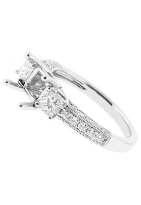 Semi Mount Three Stone Triple Side Engagement Ring with Princess Cut and Round Diamonds Bordered by Beaded Milgrain in 18kt White Gold