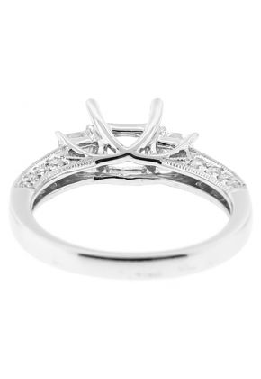 Semi Mount Three Stone Triple Side Engagement Ring with Princess Cut and Round Diamonds Bordered by Beaded Milgrain in 18kt White Gold