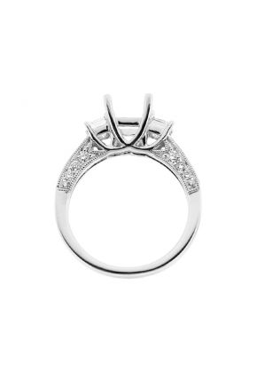 Semi Mount Three Stone Triple Side Engagement Ring with Princess Cut and Round Diamonds Bordered by Beaded Milgrain in 18kt White Gold
