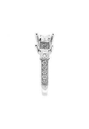 Semi Mount Three Stone Triple Side Engagement Ring with Princess Cut and Round Diamonds Bordered by Beaded Milgrain in 18kt White Gold