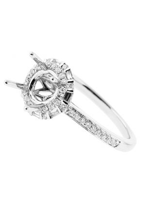 Semi Mount Round Halo Combination Set Engagement Ring with Baguette and Round Diamonds in 18kt White Gold
