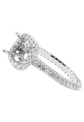 Semi Mount Square Halo Triple Side Engagement Ring with Micro Pave Set Diamonds All Around in 18kt White Gold