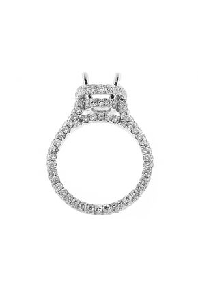 Semi Mount Square Halo Triple Side Engagement Ring with Micro Pave Set Diamonds All Around in 18kt White Gold