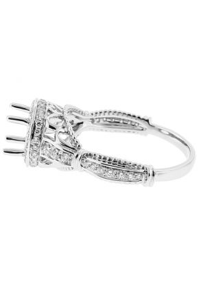 Semi Mount Round Halo Openwork Engagement Ring with Micro Pave Set Diamonds in 18kt White Gold