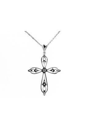 Openwork Milgrain Cross Pendant with Diamonds in 18kt White Gold