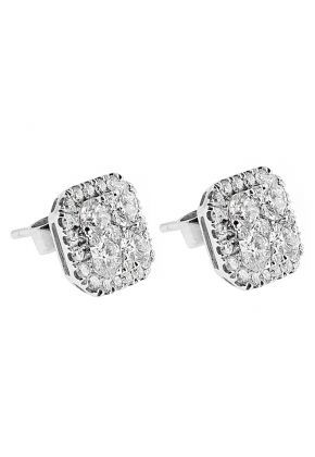 Square Post Back Stud Earrings with Cluster of Diamonds Surrounded by Halo in 18kt White Gold