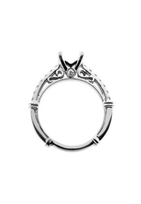 Semi Mount Milgrain Engraved Engagement Ring with Diamonds in 18k White Gold