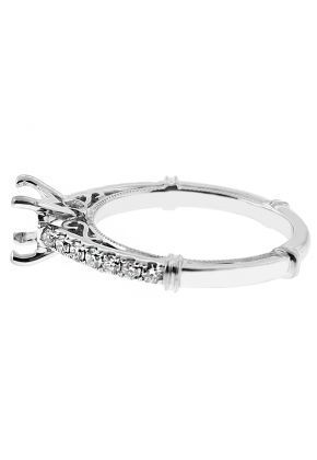 Semi Mount Milgrain Engraved Engagement Ring with Diamonds in 18k White Gold