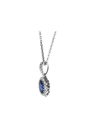 Oval Sapphire Pendant Halo of Diamonds and Interlocking Chain Design in 18k White Gold