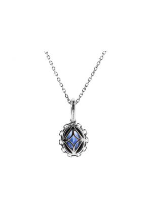 Oval Sapphire Pendant Halo of Diamonds and Interlocking Chain Design in 18k White Gold