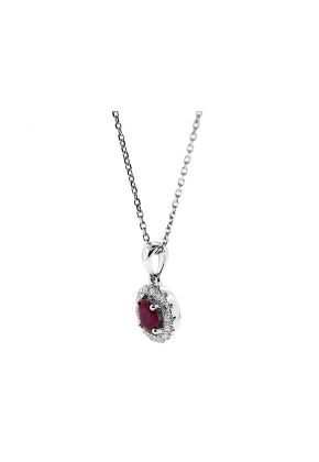 Oval Ruby Pendant with Halo of Diamonds in 18k White Gold