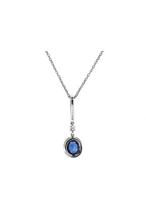 Dangling Oval Sapphire Pendant with Halo of Diamonds in 18k White Gold