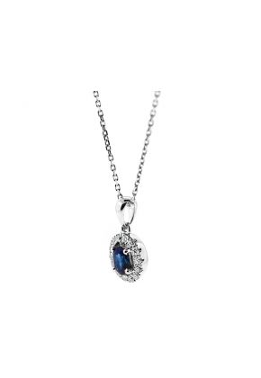 Oval Sapphire Pendant with Halo of Diamonds in 18k White Gold