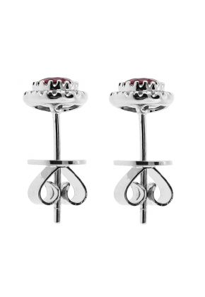 Round Ruby Stud Earrings with Halo of Diamonds in 18k White Gold