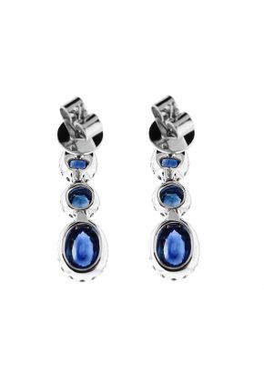 Triple Drop Sapphire Dangling Earrings with Halos of Diamonds in 18k White Gold
