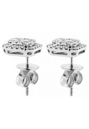 Cluster Square Stud Earrings with Halo of Diamonds in 18k White Gold